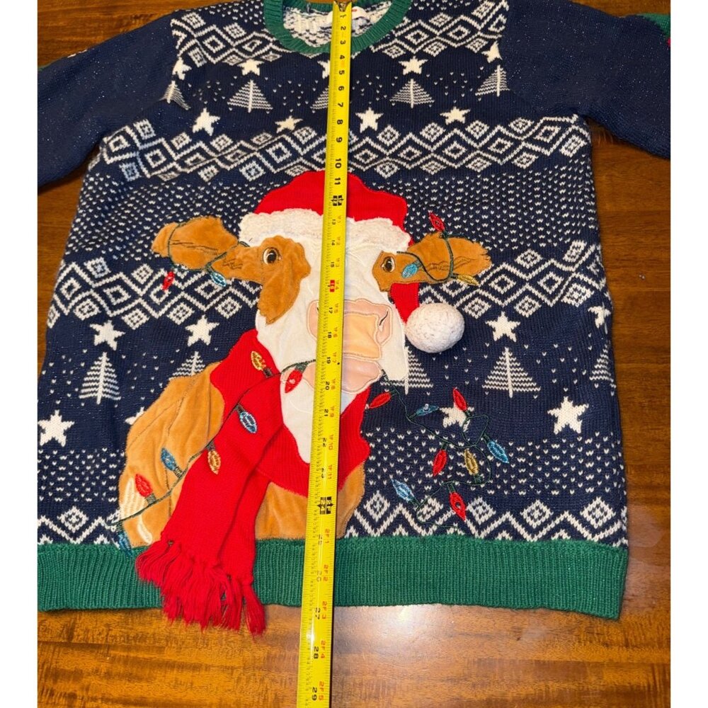 Ugly Christmas Sweater Cow Holiday Knit Pullover With Lights & Santa Hat - Picture 8 of 8